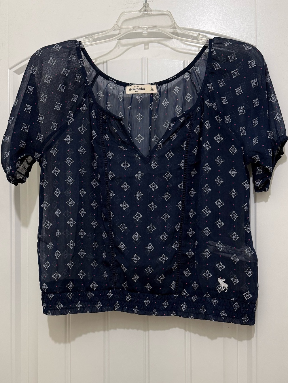 Abercrombie Kids Navy Blue Sheer Short Sleeve Peasant Top - Girls Medium EUC